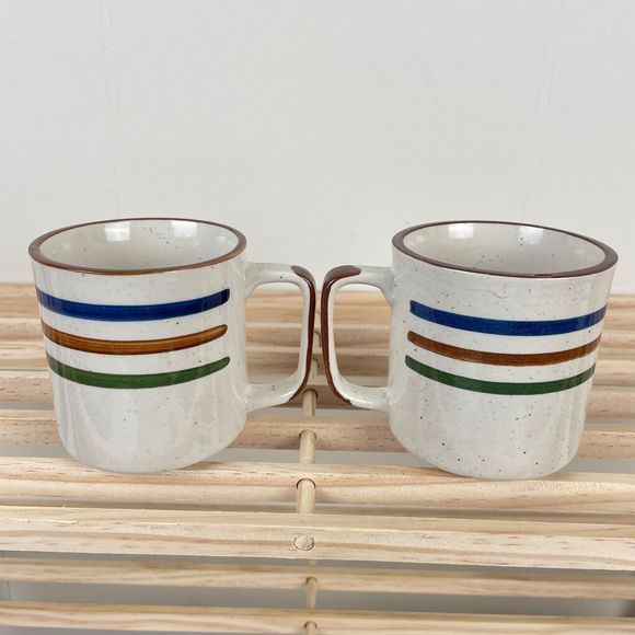 Vintage Set of 2 Chi Kiang Otagiri Striped Stoneware Pottery Coffee Mugs 8 oz - Picture 5 of 6